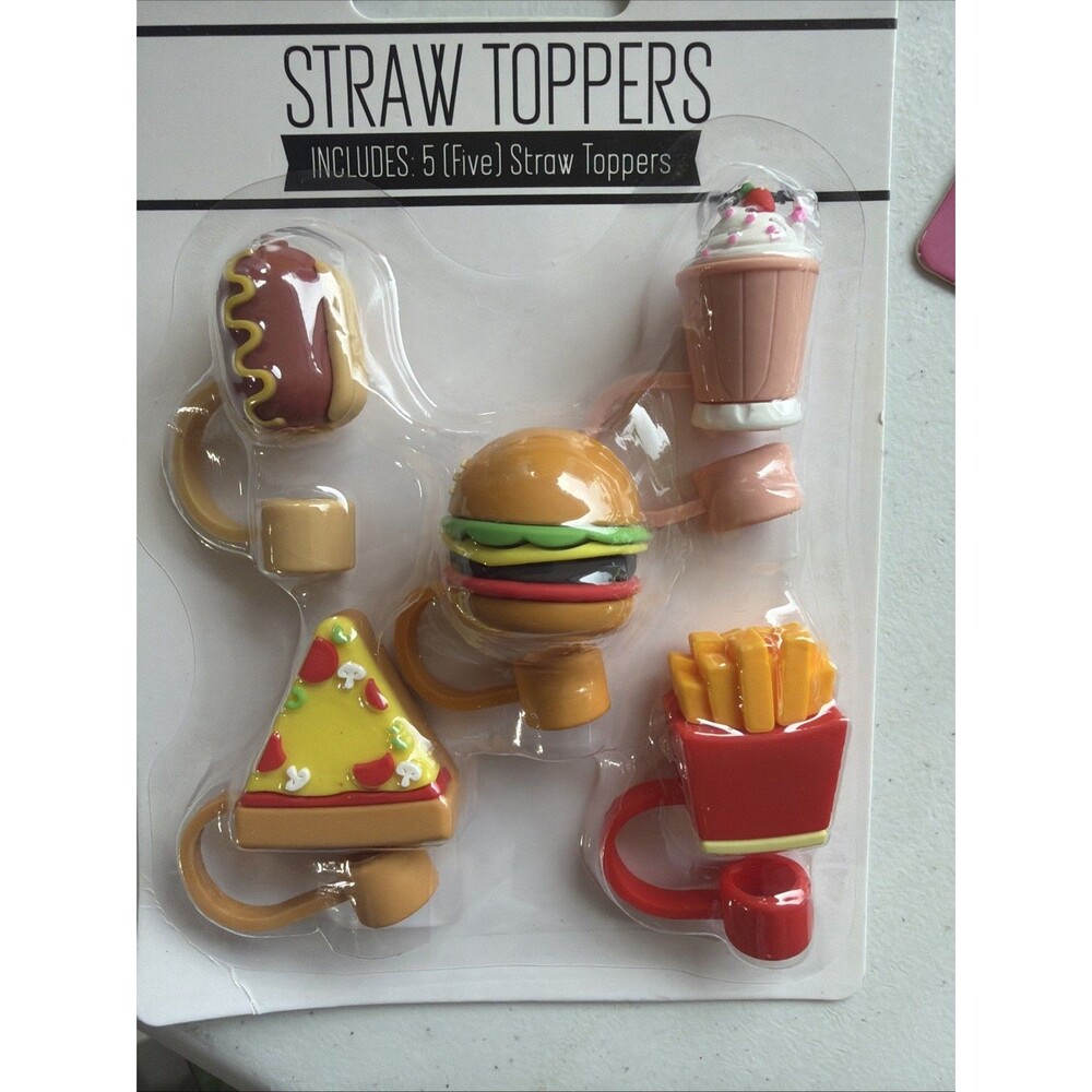 Foodies 5pc Silicone Straw Toppers Burger Pizza Fries Hot Dog Milkshake New